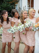 Sheath Scoop Short Cap Sleeves Pink Lace Open Back Bridesmaid Dresses