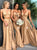 A Line Sweetheart V Neck Sweep Train Brown Satin Pleats Bridesmaid Dresses