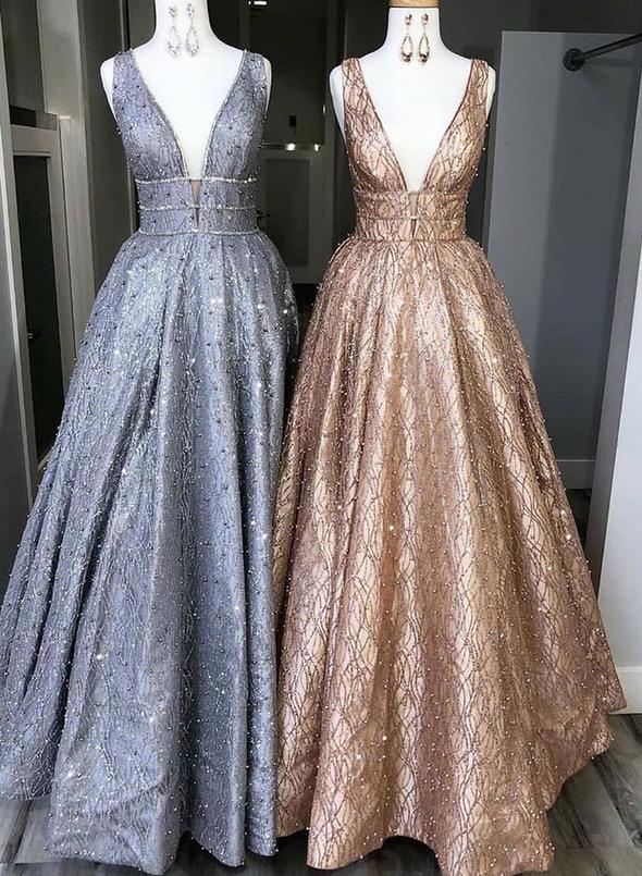 Custom Made A line V Neck Sequins Long Prom Evening dress GJS176 –  Alinepromdress