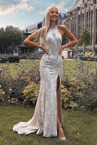 Sexy Backless Split Front Lace Slit Mermaid Prom Dress with Trailing  GJS122