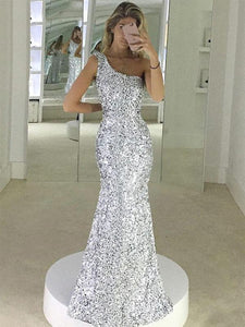 Mermaid One-Shoulder Silver Sequined Prom Dress,Evening Party Dresses GJS224