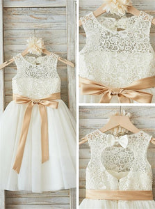 A Line Lace Open Back Tulle Bowknot Ivory Flower Girl Dresses 