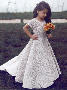 A Line Ivory Scoop Belt Lace Flower Girl Dresses