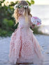 A Line Halter Lace Up Pink Lace Flower Girl Dresses LBQF0054