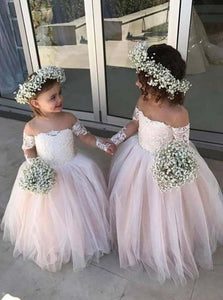 Ball Gown Pink Off the Shoulder Lace Long Sleeve Flower Girl Dresses