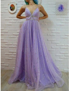 A-Line Spaghetti Straps Floor-Length Lavender Prom Dress With Sequins GJS147