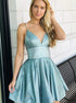 A Line V Neck Short Green Satin Pleats Prom Dresses LBQH0135