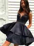 A Line Sweetheart Neck Short Black Satin Ruffles Prom Dresses LBQH0136