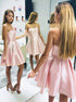 A Line Strapless Short Pink Satin Prom Dresses with Pockets LBQH0137
