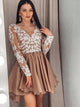 A Line Long Sleeves V Neck Short Champagne Lace Chiffon Homecoming Dresses