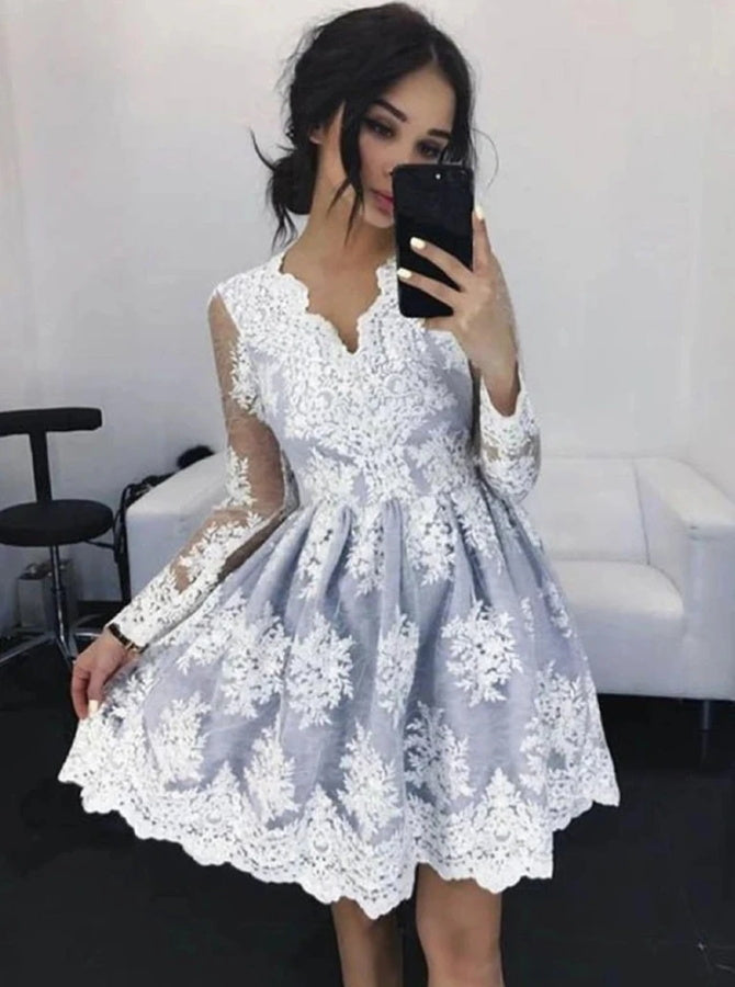 A Line V Neck Long Sleeves Short Lace Homecoming Dresses | Alinepromdress A Line V Neck Long Sleeves Short Lace Homecoming Dresses | Alinepromdress