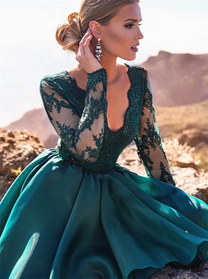 A Line V Neck Long Sleeves Lace Satin Homecoming Dresses | Alinepromdress A Line V Neck Long Sleeves Lace Satin Homecoming Dresses | Alinepromdress