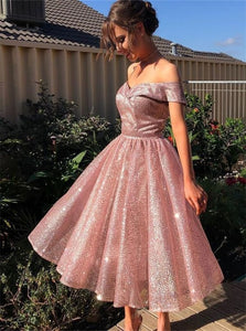  A Line Off the Shoulder Sequins Tulle Pink Homecoming dresses 