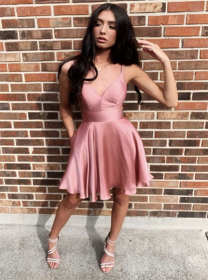A Line Spaghetti Straps V Neck Satin Homecoming Dresses | Alinepromdress A Line Spaghetti Straps V Neck Satin Homecoming Dresses | Alinepromdress