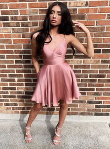 A Line Spaghetti Straps V Neck Pink Satin Homecoming Dresses