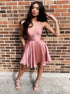 A Line Spaghetti Straps V Neck Pink Satin Homecoming Dress LBQH0123