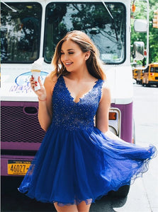 A Line V Neck Backless Short Royal Blue Lace Tulle Beadings Homecoming Dresses