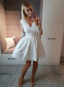 A Line V Neck Long Sleeves Short White Lace Homecoming Graduation Dresses