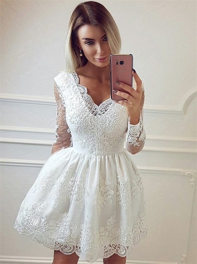 A Line V Neck Long Sleeves Lace Homecoming Dresses | Alinepromdress A Line V Neck Long Sleeves Lace Homecoming Dresses | Alinepromdress