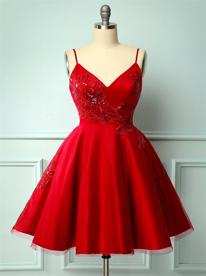 A Line Spaghetti Straps Satin Appliques Homecoming Dress | Alinepromdress A Line Spaghetti Straps Satin Appliques Homecoming Dress | Alinepromdress