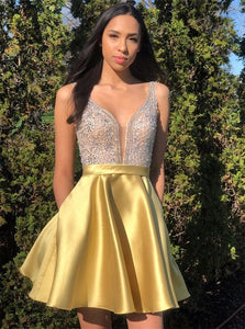 A Line V Neck Short Yellow Beaded Satin Homecoming Dresses