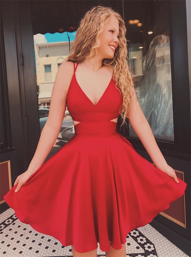 A Line Short V Neck Satin Homecoming Dresses with Cut Outs | Alinepromdress A Line Short V Neck Satin Homecoming Dresses with Cut Outs | Alinepromdress