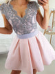 A Line Cap Sleeves Short Pink Satin Prom Dress with Gray Lace