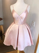 Cute A Line V Neck Pink Satin Homecoming Dresses