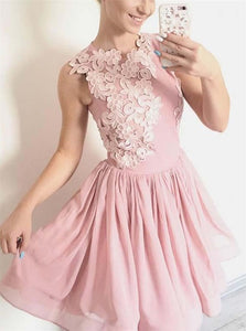 A Line Scoop Appliques Short Pink Lace Chiffon Prom Dresses