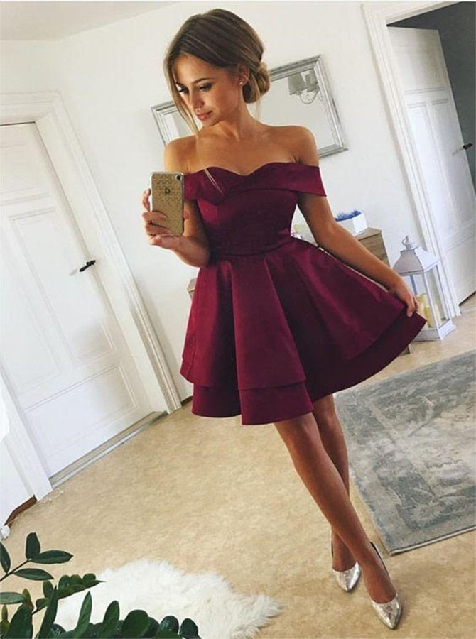 A Line Off the Shoulder Ruffles Satin Homecoming Dress | Alinepromdress A Line Off the Shoulder Ruffles Satin Homecoming Dress | Alinepromdress