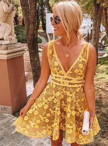 A Line V Neck Short Yellow Lace Formal Homecoming Dresses 