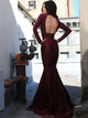 Burgundy Mermaid Long Sleeves High Neck Satin Prom Dresses