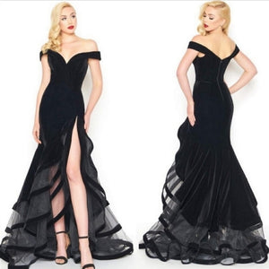 Chic Off the Shoulder Black Prom Dresses With Split  GJS2315