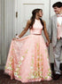 Pink Two Piece Scoop A Line Satin Floral Prom Dress LBQ2991