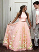 Pink Two Piece Scoop A Line Satin Floral Prom Dresses