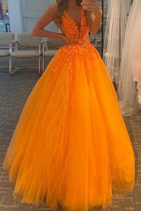 Orange V-neck Tulle Long Prom Formal Dresses with Appliques and Beading GJS388