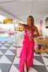 Hot pink A-Line V Neck Long Prom Evening Dress GJS602