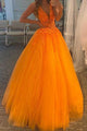 Orange V-neck Tulle Long Prom Formal Dresses with Appliques and Beading GJS388