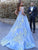 Blue Ball Gown Off-the-Shoulder Applique Tulle Sweep/Brush Train Dresses LBQ1075