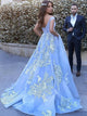 Blue Ball Gown Off-the-Shoulder Applique Tulle Sweep/Brush Train Dresses LBQ1075