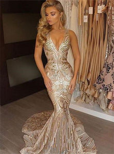 Gold V Neck Sequins Sweep Train Sexy Prom Dresses