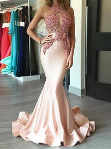 Mermaid Pink Satin Appliques Scoop Prom Dresses 