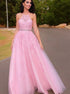 A Line Tulle Applique Halter Sleeveless Floor Length Prom Dresses LBQ3355