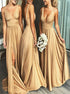 A Line V Neck Satin Golden Pleats Prom Dresses LBQ3783