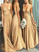 A Line V Neck Satin Golden Pleats Prom Dresses 
