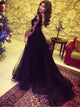 A Line V Neck Appliques Tulle Long Sleeves Prom Dresses LBQ3780