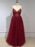 Straps A Line Spaghetti Straps Beading Burgundy Prom Dress LBQ3793