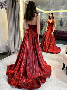 A Line Spaghetti Straps V Neck Burgundy Backless Satin Prom Dresses 