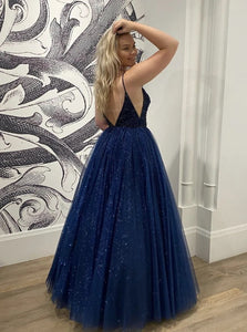 A Line Blue V Neck Tulle Sequins Prom Dress LBQ4210