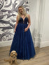 A Line Blue V Neck Tulle Sequins Prom Dress LBQ4210